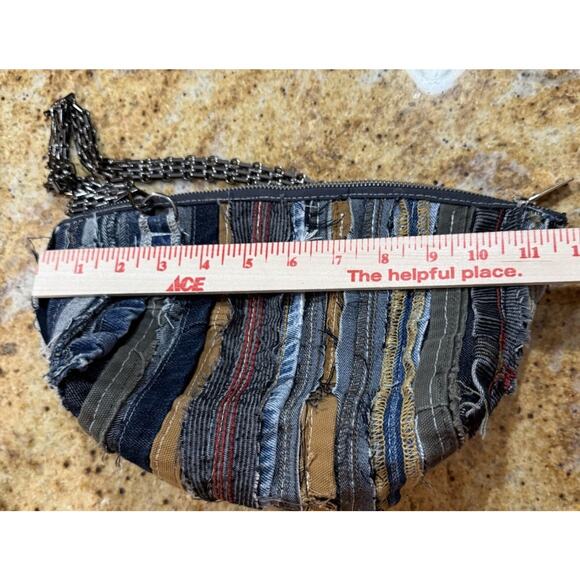 Upcycled Raw Edge Denim Scrap Crossbody Handbag Handmade Chain Boho Chic Hippy - Picture 7 of 10